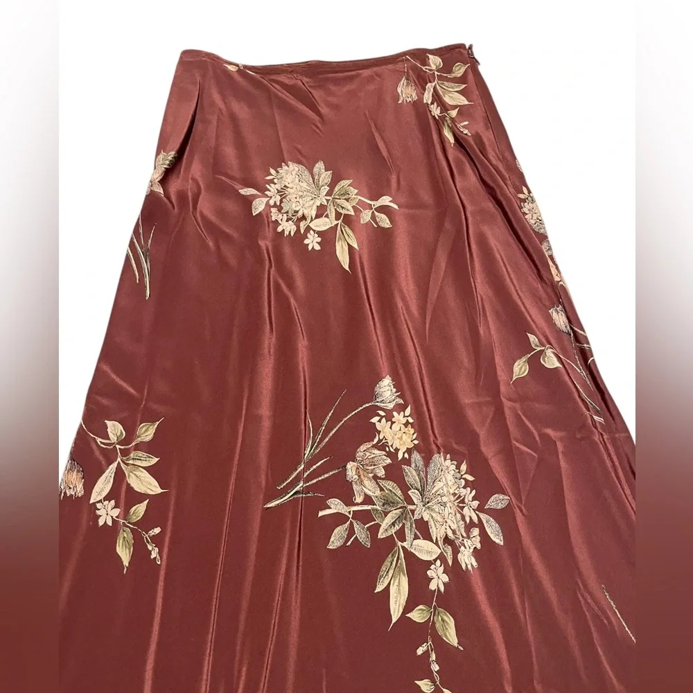 Parallel Vintage 100% Silk Brown Floral Maxi Skirt Size 8 Boho Cottagecore